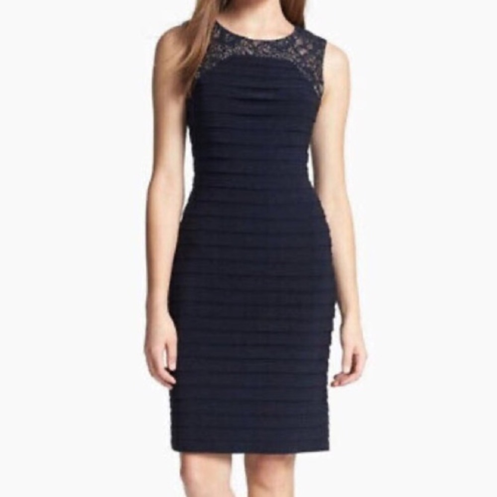 Adrianna Papell | Elegant Navy Lace & Layered Sheath Dress